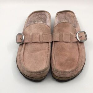 Birkenstock Blush Suede Clogs with Metallic Buckle